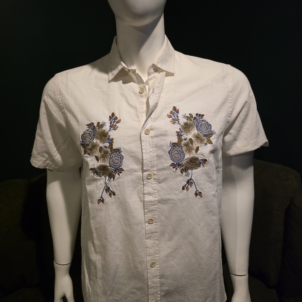 Folk Men's Cream Shirt with Blue Floral Embroidery